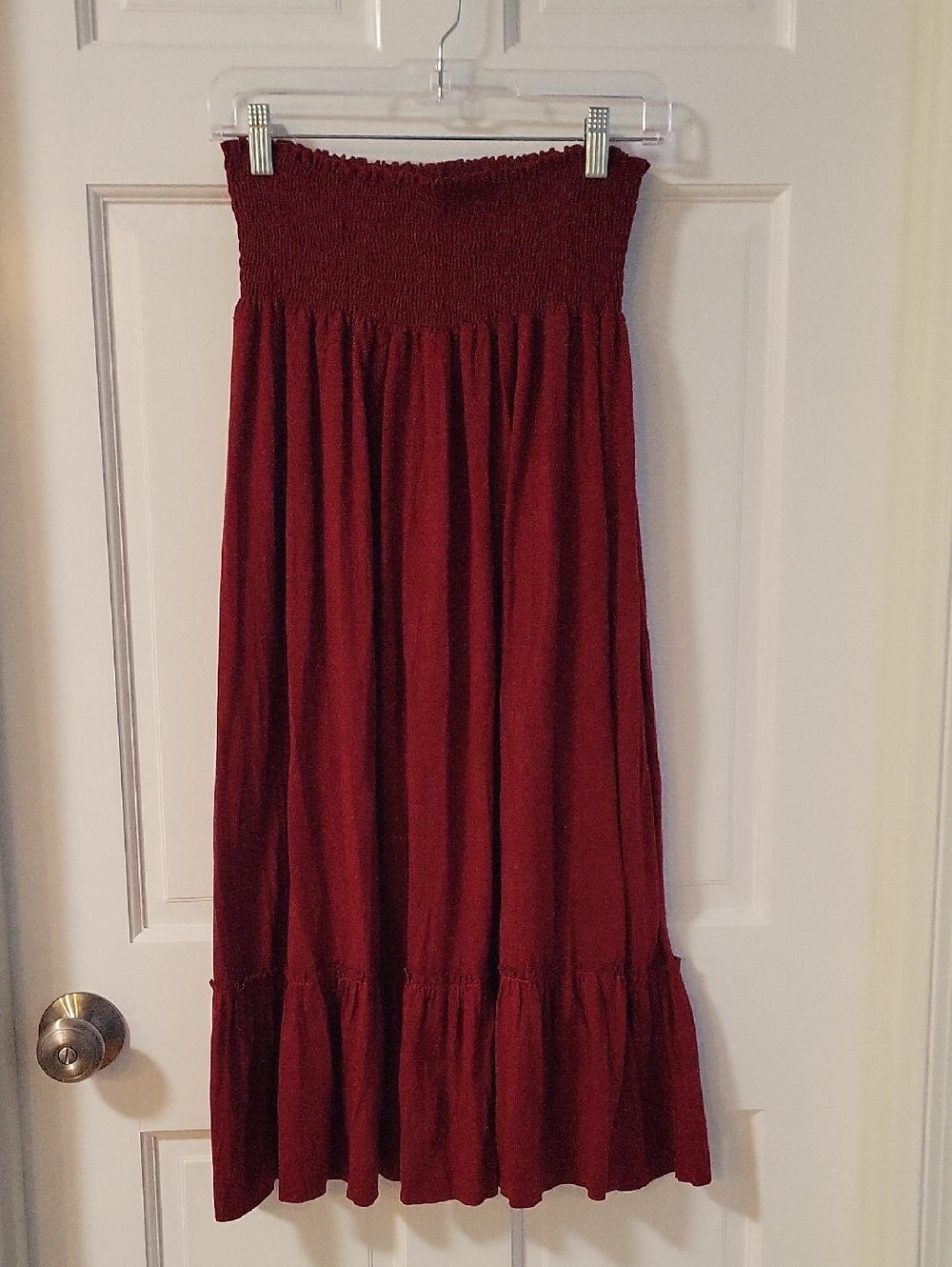 Copper Key Smocked Waist Ruffle Maxi Skirt in Burgundy